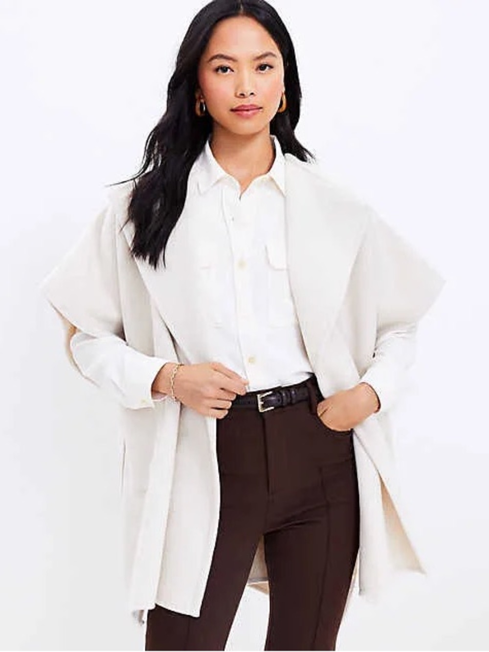Cream Open-Front Cape Coat (Oversized Pocket Wrap)